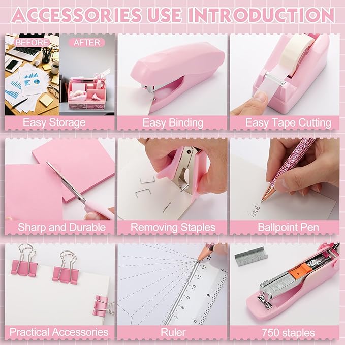 18 Pack Pink Office Supplies Desk Accessories for Women Desk Organizer Box Calculator Staple Remover Stapler Scissors Clips Mouse Pad Sticky Notes Index Notes Tape Dispenser Ruler Tap Pen