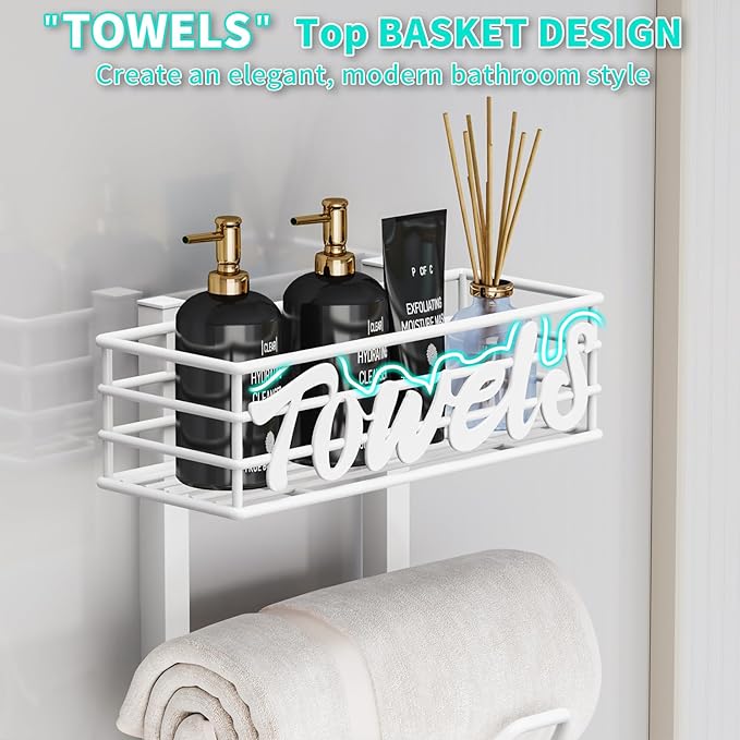 HapiRm Over The Door Towel Rack - 6 Tier Wall Mount Rolled Towel Holder Storage Organizer Shelf with Storage Basket for Small Bathroom, Rv, Camper - White