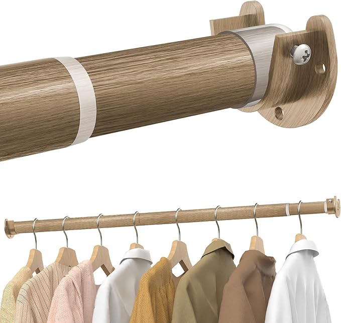 Closet Rods for Hanging Clothes, 17 to 54 Inches Stepless Adjustable Metal Closet Rod, 1.3 Inches Heavy Duty Clothes Hanging Rod for Closet Wardrobes Laundry RV(Wood Grain)