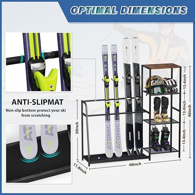 Freestanding Snowboard Rack - 4 Pair Ski, 3 Pack Snowboard, Boot, Pole, Goggles, Helmet Rack for Garage, Shed, Basement