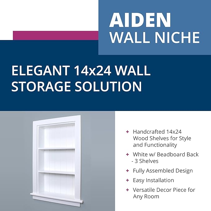 Fox Hollow Furnishings 14x24 Aiden Recessed Wall Niche Medicine Cabinet Replacement, in The Wall Bathroom Cabinet Insert Shelf/Shelves, Made in North America, Real Wood, NO MDF, Beadboard, White