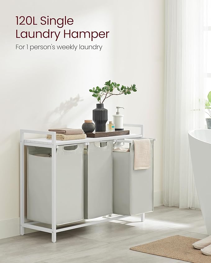 VASAGLE Laundry Hamper, Laundry Basket, Laundry Sorter with 3 Pull-Out and Removable Bags, Shelf, Metal Frame, 3 x 10.6 Gallons (40 L), 36.4 x 13 x 28.4 Inches, Cream White and Cloud White UBLH301W01