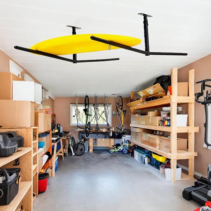 Double Kayak/Ladder Ceiling Storage Rack, 10"-18" Adjustable Ceiling Rack, 30" Bar Length Holds 200 lbs Ideal for Kayak, Ladder, Surfboard, Snow boar Overhead Hanger (Double Side)