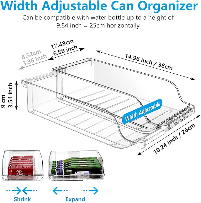 Clear Width Adjustable Soda Can Organizer for Refrigerator Expandable Soda Can Dispenser for Beer Soda Seltzer Pop Can Soda Expand Organizer for Fridge Kitchen Pantry