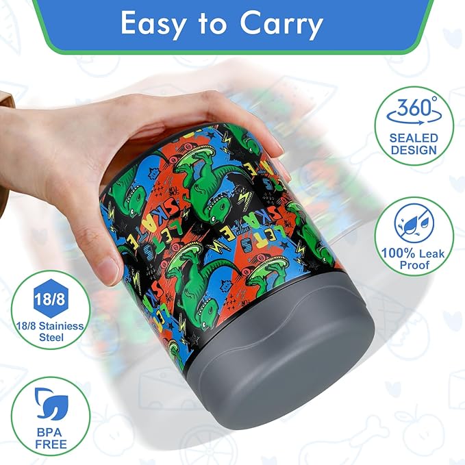 12oz Soup Thermo for Hot Food Kids Insulated Food Jar Wide Mouth Lunch Container Leak Proof Stainless Steel Vacuum Bento Box for School Office Travel Outdoors Black-Dinosaur