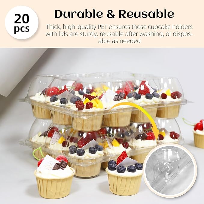 12 Count x 20 Sets Plastic Cupcake Containers, Durable and BPA-Free Cupcake Holder with Lid for Easy Transport Storage, Stackable Clear Cupcake Carriers, Reusable Dessert Boxes