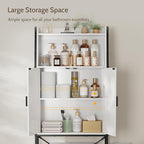 Over The Toilet Storage Cabinet with Rattan Doors, Bathroom Organizer with Adjustable Shelf, Metal Frame & Anti-Tip Device, Space-Saving Wood Cabinet for Bathrooms, Laundry Room, White