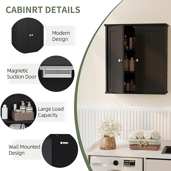 Meilocar Bathroom Wall Cabinet, Bathroom Cabinet Wall Mount, Over Toilet Space Saver Storage Cabinet, Wood Medicine Cabinets, Black