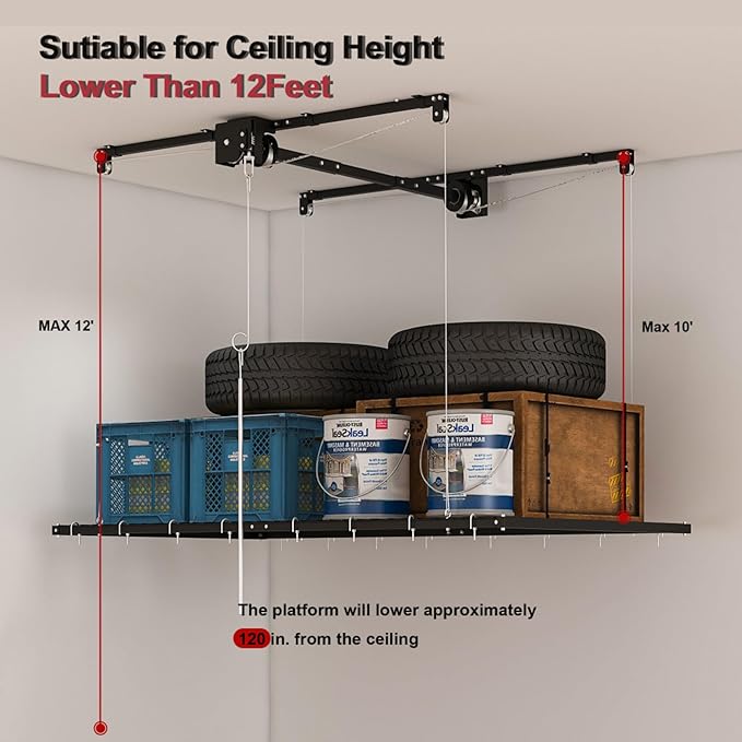 Garage Storage Lift,Overhead Garage Storage Rack,4x4 FT Ceiling Storage Racks for 10-12 FT, 250LBS Capacity All-Steel Construction with Safety Lock (4 * 4)