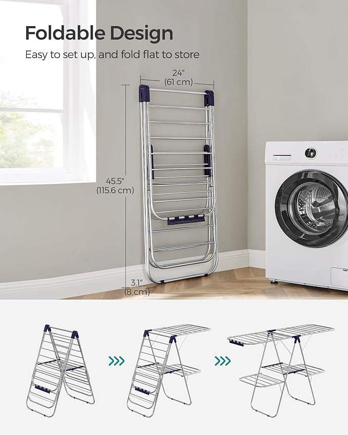 SONGMICS Clothes Drying Rack, Foldable 2-Level Laundry Drying Rack, Free-Standing Laundry Airer, with Height-Adjustable Wings, 33 Drying Rails, Sock Clips, Silver and Blue ULLR53BUV1