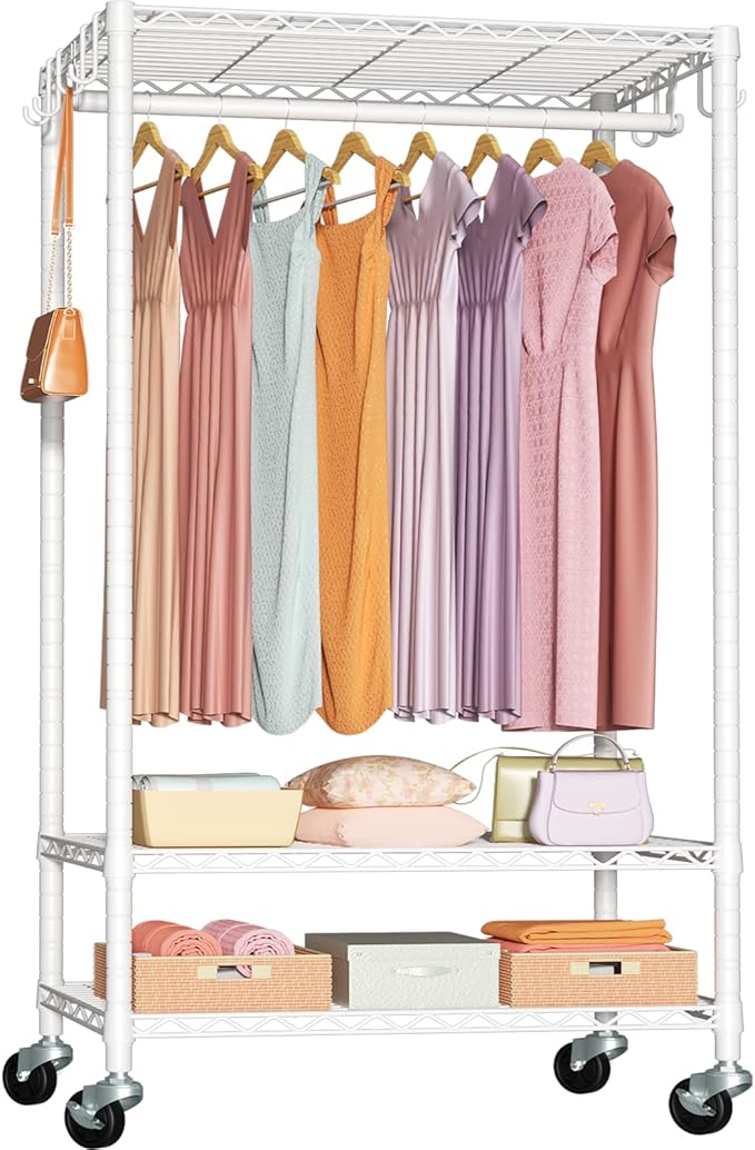 FUTASSI P6 Rolling Clothes Rack Heavy Duty, Clothing Racks for Hanging Clothes, Freestanding Garment Rack with Wheels, Portable Closet Rack Max Load 380 LBS, 35.5'' W x 14'' D x 74.6'' H, White