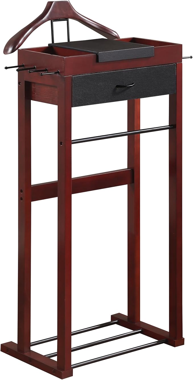 Proman Products Winston Freestanding Wooden Clothes Valet Stand Organizer with Hanger, Pant Rod, Drawer, Tie hook, Tray, Shoe Rack for men and women (Mahogany)