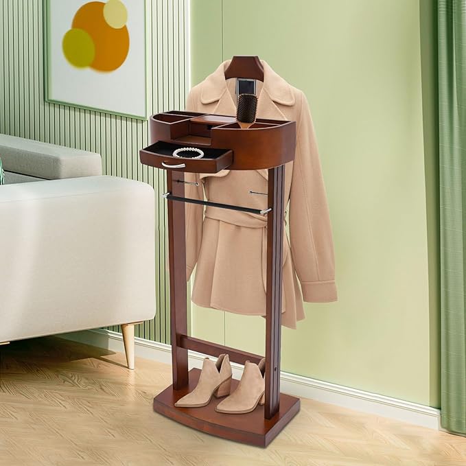 Suit Valet Stands, Wood Suit Rack with Drawer & Trouser Holder, Freestanding Clothing Valet Stand, Brown Suit Valet for Clothes, Hats, Bags