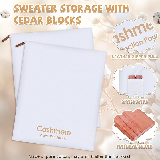4 Pack Cashmere Storage Bags with 4 Cedar Blocks, Cotton Sweater Garment Storage Pouches with Natural Cedar for Odor Control, Closet Drawer Seasonal Clothing Organizer,17 x 13.5 Inch