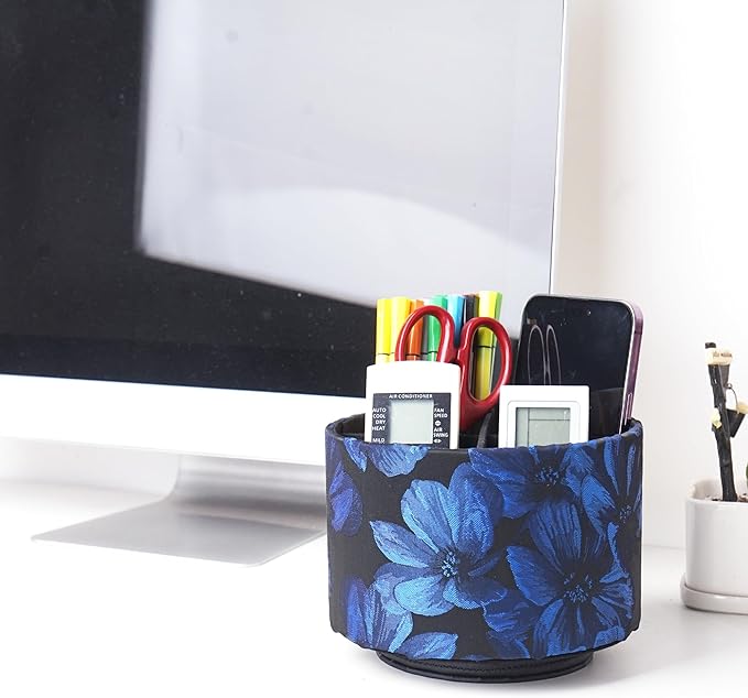 QIELIZI Round Leather Art Supply Organizer,Remote Control Holder,360 Degree Rotating,Multi-Functional Pencil Holder,4 Compartments Desktop Stationary Organizer(1-Dahlia Dark Blue)