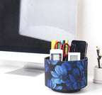 QIELIZI Round Leather Art Supply Organizer,Remote Control Holder,360 Degree Rotating,Multi-Functional Pencil Holder,4 Compartments Desktop Stationary Organizer(1-Dahlia Dark Blue)