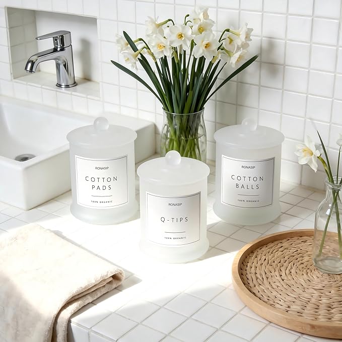 3 Pack Qtip Holder Dispenser, 16oz Bathroom Organizer and Storage Canisters, Glass Apothecary Jars with Lid - Home Decor, Room Decor Aesthetic (Frosted White)