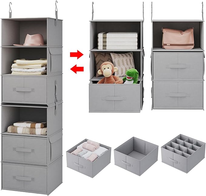 Vailando 6-Tier Hanging Shelves for Closet, Two 3-Shelf Hanging Closet Organizer w/ 4 Side Pockets and 3 Drawers, Combinable for Dorm Wardrobe Organizer and RV Storage and Organization