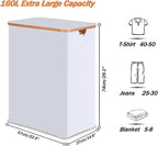 efluky Laundry Hamper with Lid, Double Laundry Hamper with 2 Removable Bags, 2 Section Laundry Basket with Bamboo Handles for Bathroom, Bedroom & Laundry Room (White, 160L Trio)