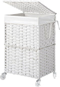 Chrislley 90L Slim Laundry Hamper with Wheels, Rolling Laundry Basket with Lid and Renovable Liner Bag, Handwoven Rattan Organizer for bedroom, bathroom, laundry room (White)