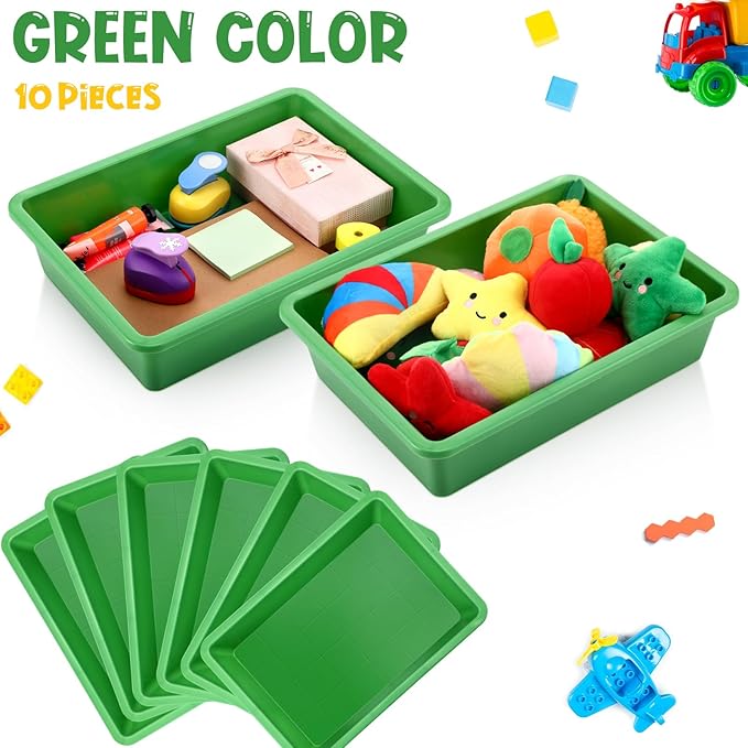 Hoteam 10 Pcs Flat Storage Organizer Tray Bin Letter Size Paper Tray for Classroom Plastic Stackable File Organizer for School Office Teacher Book Organization（ Green, 13.78 x 9.84 x 3.15 Inch）