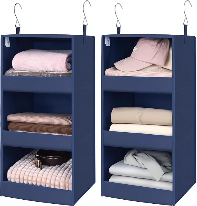 GRANNY SAYS 3-Shelf Closet Organizers and Storage, Foldable Hanging Closet Organizer, Closet Hanging Shelves with 2 Metal Hooks, Leak-Proof Hanging Organizer for Closet, Navy, 2-Pack