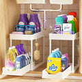 Under Sink Organizers and Storage 2 Pack, Pull-Out Sliding Cabinet Organizer with 2-Tier Storage Shelf & 4 Hooks, Multi-Purpose for Kitchen & Bathroom (13 Inch, White)