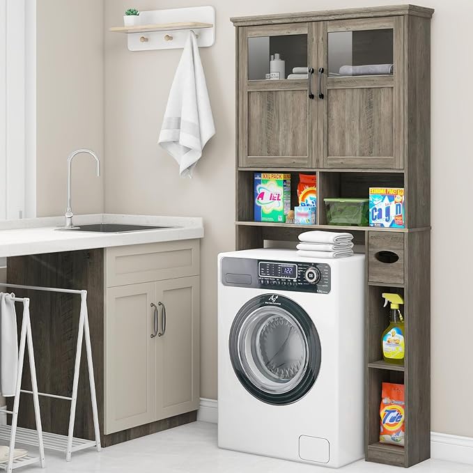 Vabches Over-The-Toilet Storage Cabinet with Double Doors, Toilet Paper Holder Stand & Adjustable Shelf, Freestanding Space Saver, Grey