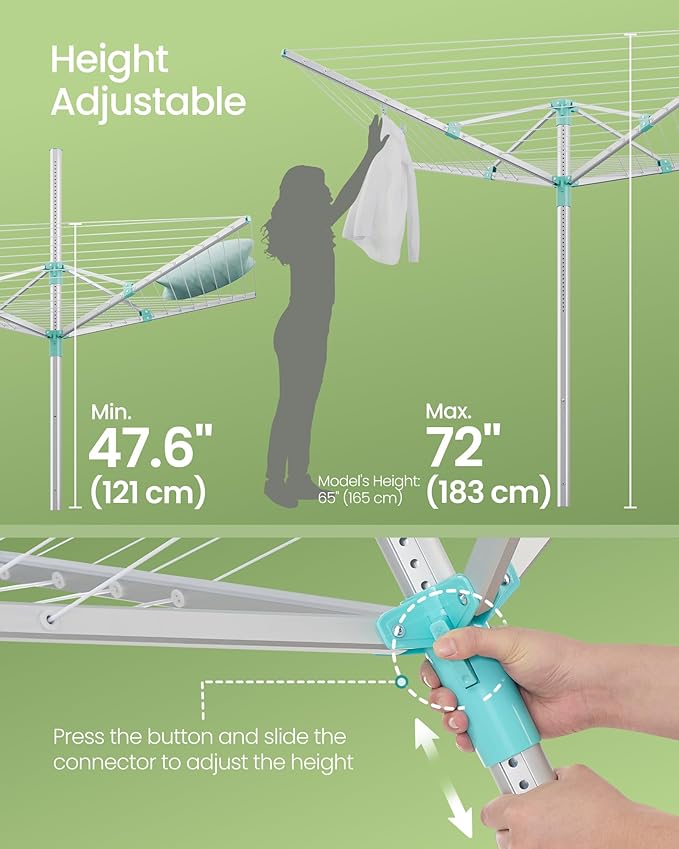 SONGMICS Umbrella Drying Rack, Retractable Outdoor Drying Rack, Height Adjustable, 164 ft Long Clothesline, Holds 5 Laundry Loads, for Garden, with Ground Spike, Cover, Silver and Green ULLR301E01