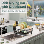 Iron Dish Drying Rack with Drainboard Dish Drainers for Kitchen Counter Extendable Spout Strainers with Utensil Holder and Knife Slots, Black