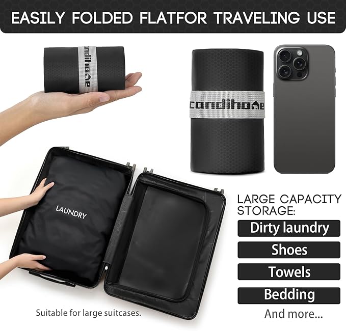 XL Travel Laundry Bag, Washable Dirty Clothes Travel Bag Waterproof Wet Dry Bags Reusable Camp Clothes Organizer for Sports Home College Dorm Laundromat (1 Pcs) Black