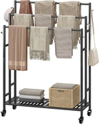 SORCEDAS Towel Rack 3 Tier Free Standing Metal Towel Stand with Storage Shelf and Wheel for Extra Large Towel Blanket Drying (Black)