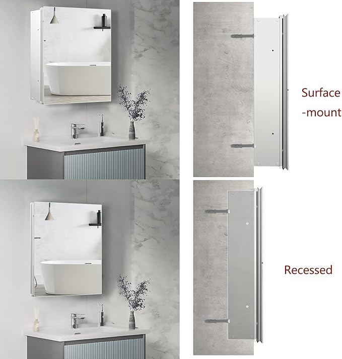 28x28 inch Medicine Cabinet Mirror with Storage, Aluminum Surface Mount or Recessed Medicine Cabinet with Adjustable Shelves for Bathroom Bedroom