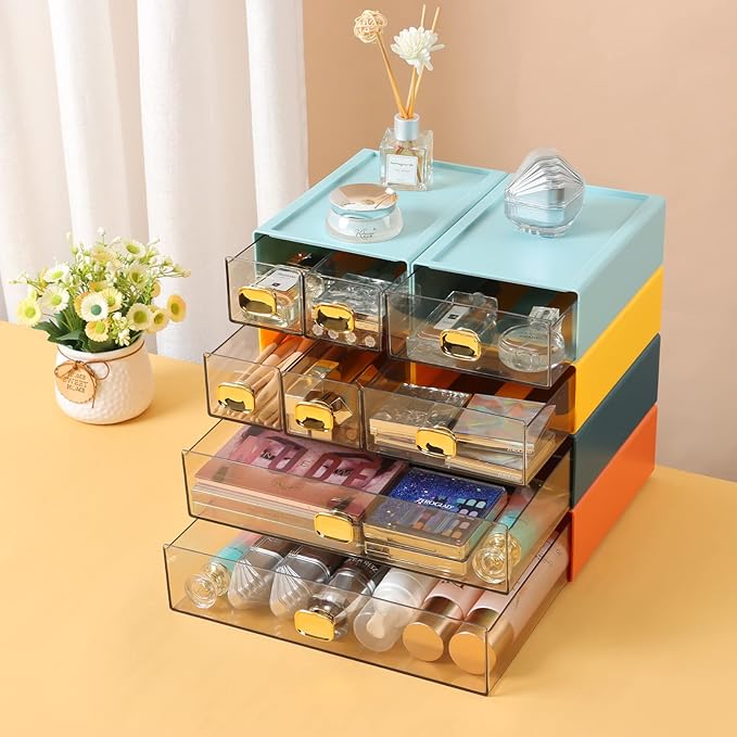 Spacious Desktop Storage Box, 1 Large 1 Middle & 2 Small Storage Drawers, Stackable Office Desk Drawer Organizer and Accessories, Printer Paper Organizer, Orange Plastic Drawers for Workspace