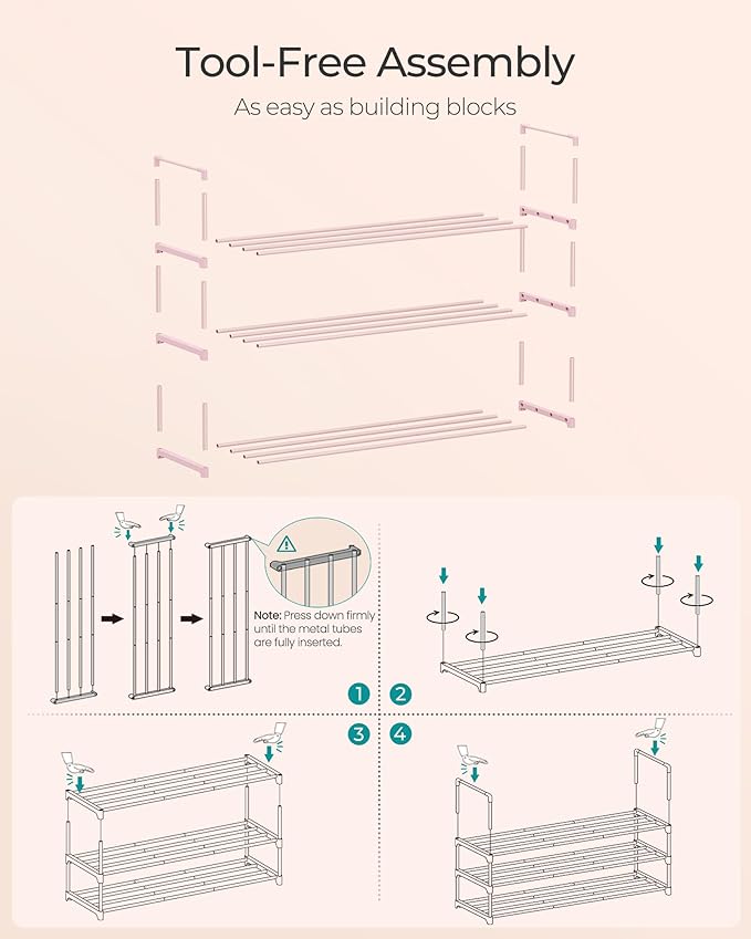 SONGMICS Shoe Rack, 3-Tier Shoe Organizer, Metal Storage Shelf, Upright or Upside Down, for 16-20 Pairs, Stackable, for Entryway, 11.8 x 36.2 x 21.7 Inches, Jelly Pink ULSA303S01