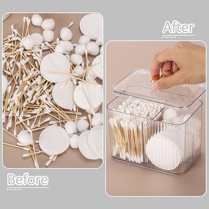 Tbestmax Qtip Holder Dispenser 3-Section Clear Bathroom Organizer Jar 3 Grids Cotton Swab/Pad/Ball Holder Container Cosmetics Storage for Vanity(2 Pack)