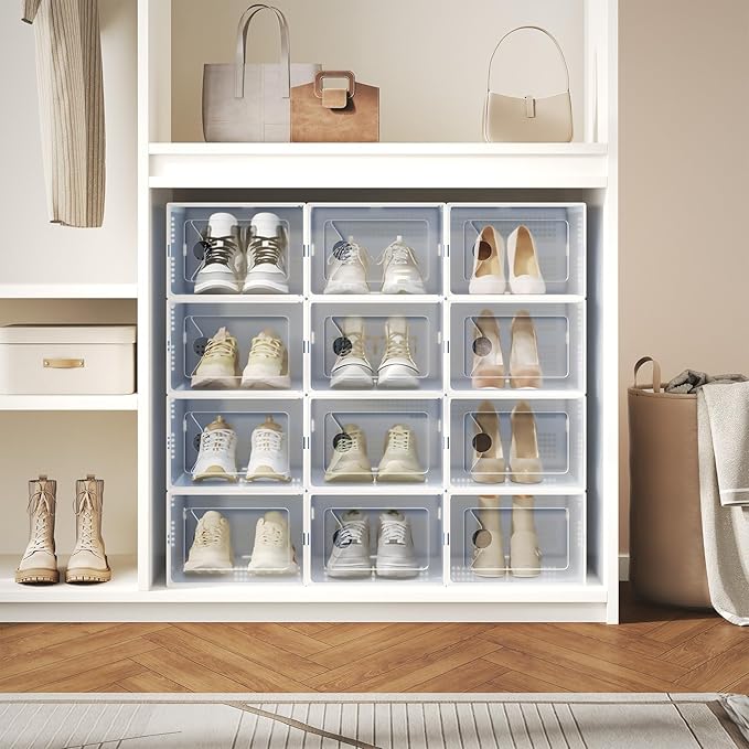 NEWBULIG 15 Pack Clear Shoe Storage Boxes, Shoe Organizer for Closet with Lid, Durable PE Transparent Shoe Containers Ideal for Sneakers, Heels & Boots, White