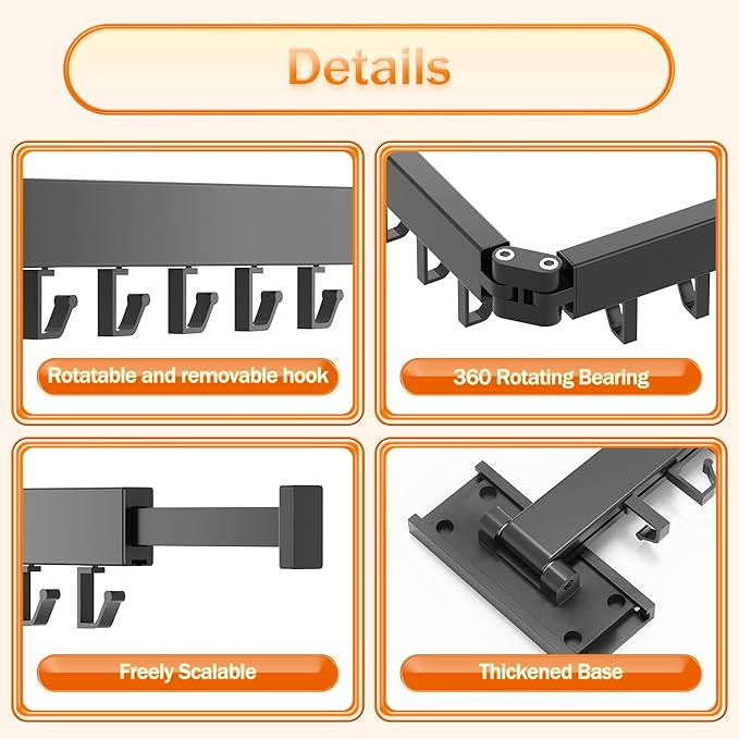 Clothes Drying Rack for Laundry,Wall Mounted Clothes Hanger Rack,Folding,Retractable,Collapsible(J Shape Hooks)