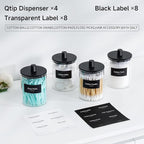 TIPGO Glass Qtip Holder Dispenser - 10 oz Clear Canister Apothecary Jar, Bathroom Vanity Storage Organizer Set for Cotton Swabs, Pads, Floss Picks, Small Containers for Makeup Storage (4 Pack, Black)