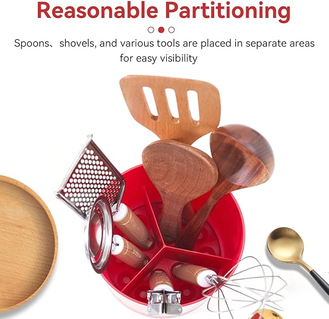 Cyrank Utensil Holder, 360° Rotating Utensil Holder for Kitchen Counter Flatware Caddy Cooking Silverware Storage Organizer for Spoon Spatula, 6.5x5.7 Inch (Red)