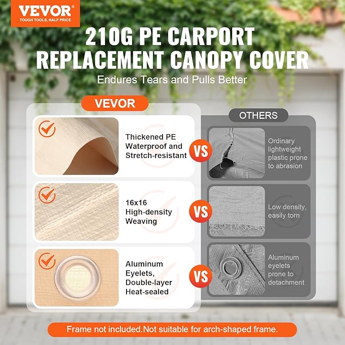 VEVOR Carport Replacement Canopy Cover 10 x 20 ft, Garage Top Tent Shelter Tarp Heavy-Duty Waterproof & UV Protected, Easy Installation with Ball Bungees,Beige (Only Top Cover, Frame Not Include)