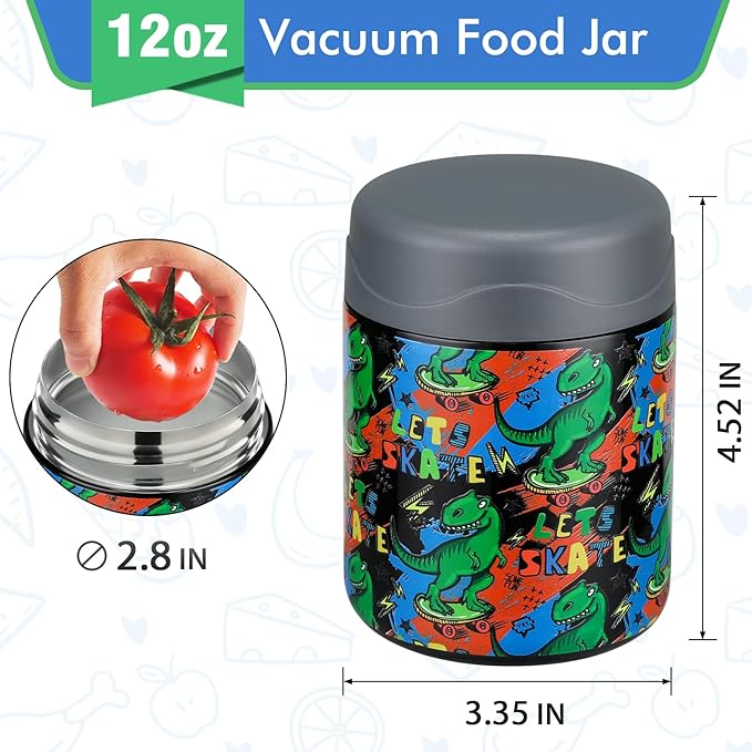 12oz Soup Thermo for Hot Food Kids Insulated Food Jar Wide Mouth Lunch Container Leak Proof Stainless Steel Vacuum Bento Box for School Office Travel Outdoors Black-Dinosaur