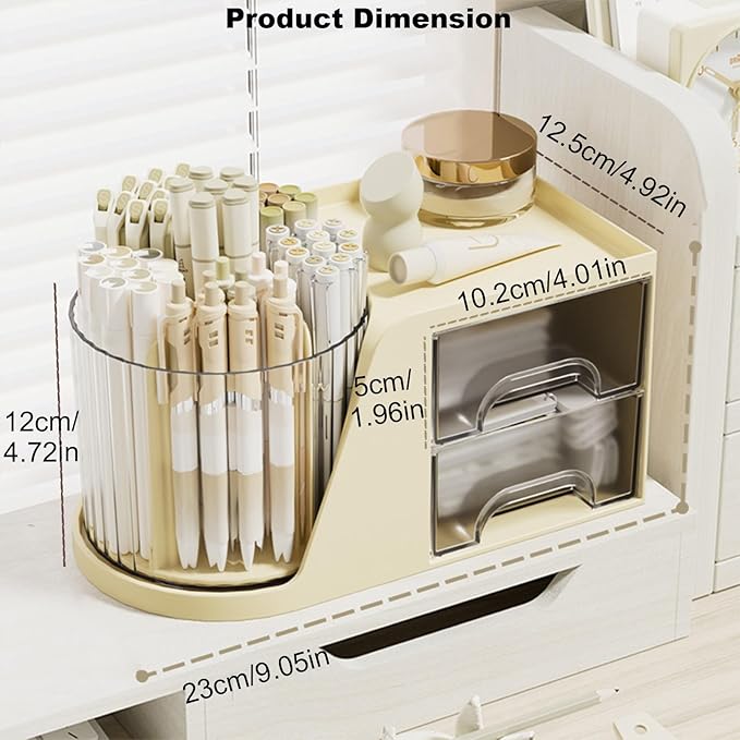 Marte Vanci 360° Rotating Desk Organizer with 2 Drawer, Desktop Rotating Pen Holder with 6 Slots, Small Makeup Organizer, Multifunctional Desk Accessories for Office, Home(Beige)