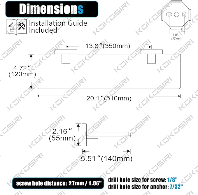KOKOSIRI Floating Shelves Wall Mount 20-Inch Bathroom Tempered Glass Shelf for Kitchen Storage Shower Hanging Rack, Brushed Stainless Steel B1107BR-L20