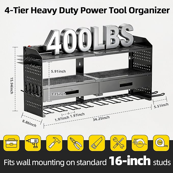 Power Tool Organizer Wall Mount with Charging Station, 4 Layers Storage Rack with 9 Drill Holders & Battery Storage, Cordless Tool Organizer with 2 Drawers for Garage, Workshop & Tool Room