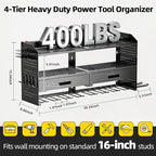 Power Tool Organizer Wall Mount with Charging Station, 4 Layers Storage Rack with 9 Drill Holders & Battery Storage, Cordless Tool Organizer with 2 Drawers for Garage, Workshop & Tool Room