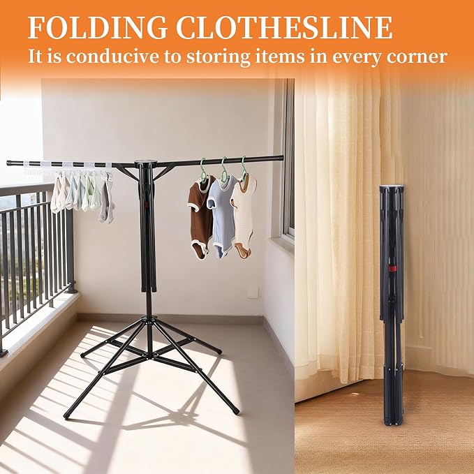 4-Leg Clothes Drying Rack with 6 Adjustable Poles,Standing Dryer,20 Windproof Hooks and 2 Sock Clips,No-Installation Drying Stand,Clothes Rack Foldable Space-Saving, Indoor and Outdoor Use Black