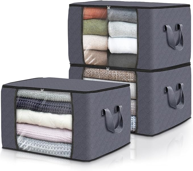 Fab totes Storage Bags,Clothes Blanket Storage Bins Foldable Closet Organizers with Reinforced Handle for Home Dorm Storage and Organization,Fabric Bags for Organizing Sheets,Clothing (Grey,3 Pack)
