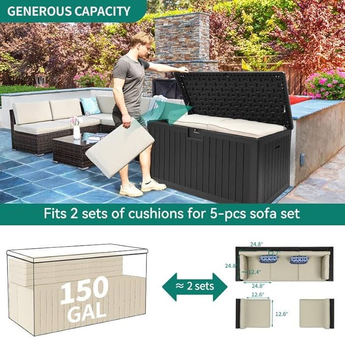 YITAHOME XL 150 Gallon Large Deck Box,Outdoor Storage for Patio Furniture Cushions,Garden Tools,Waterproof,Lockable (Black)