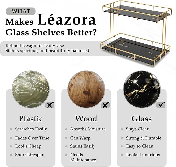 2-Tier Black Marble Bathroom Countertop Organizer – Glass Shelves & Gold Metal Frame, Stylish Vanity Storage Shelf for Perfume, Skincare, Makeup & Toiletries